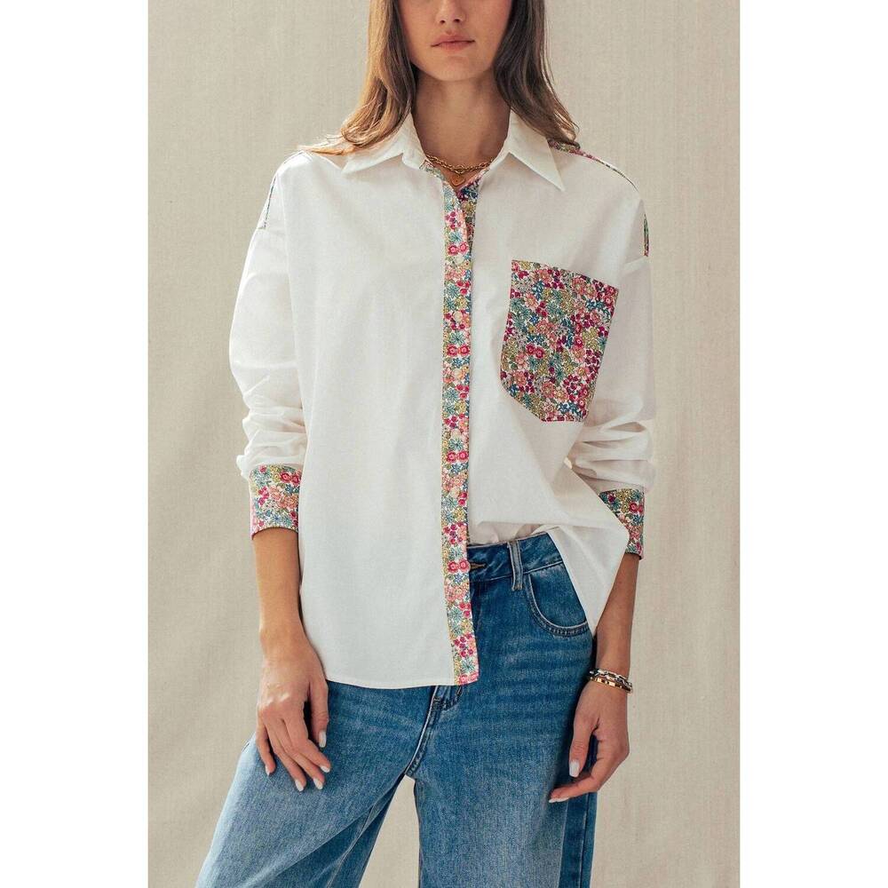 NEW URBAN DAIZY spring garden classic button-up shirt in white floral